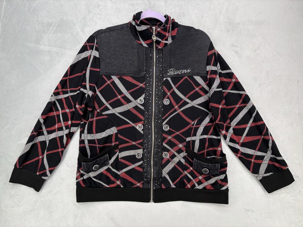 Vtg Y2K D&G Jacket Womens Black Plaid Bomber Full Zip Rhinestone Logo